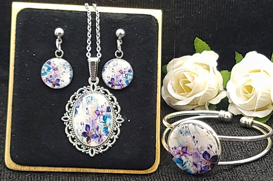 Purple Blue Floral Jewelry Set-Silver