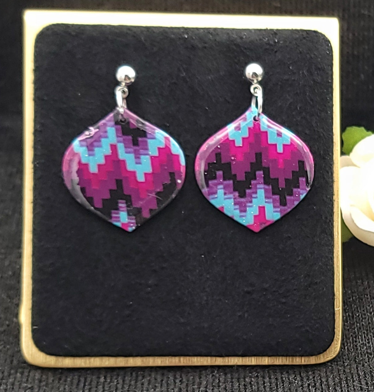 Purple Pink Bargello Dangle Earrings-A