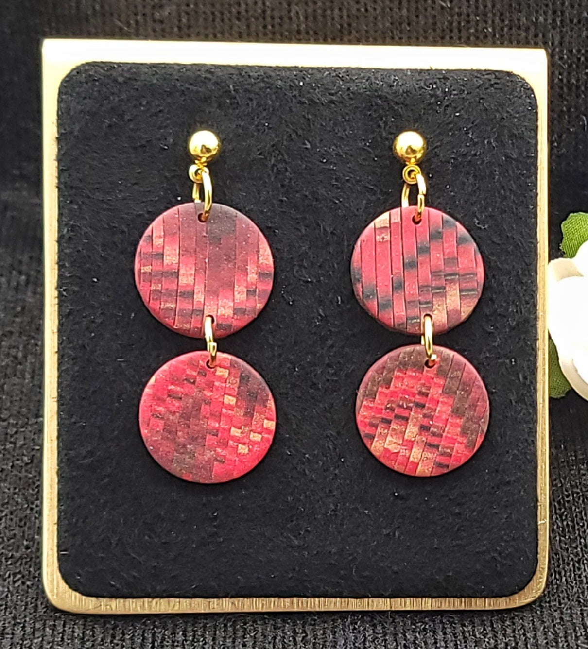 Red Gold Bargello Dangle Earrings-B