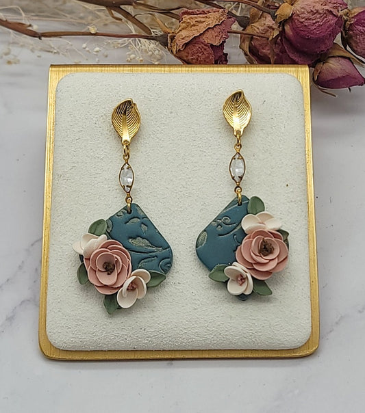 Green Peach floral earrings - A