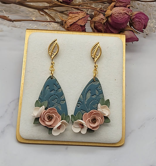 Green Peach floral earrings - B