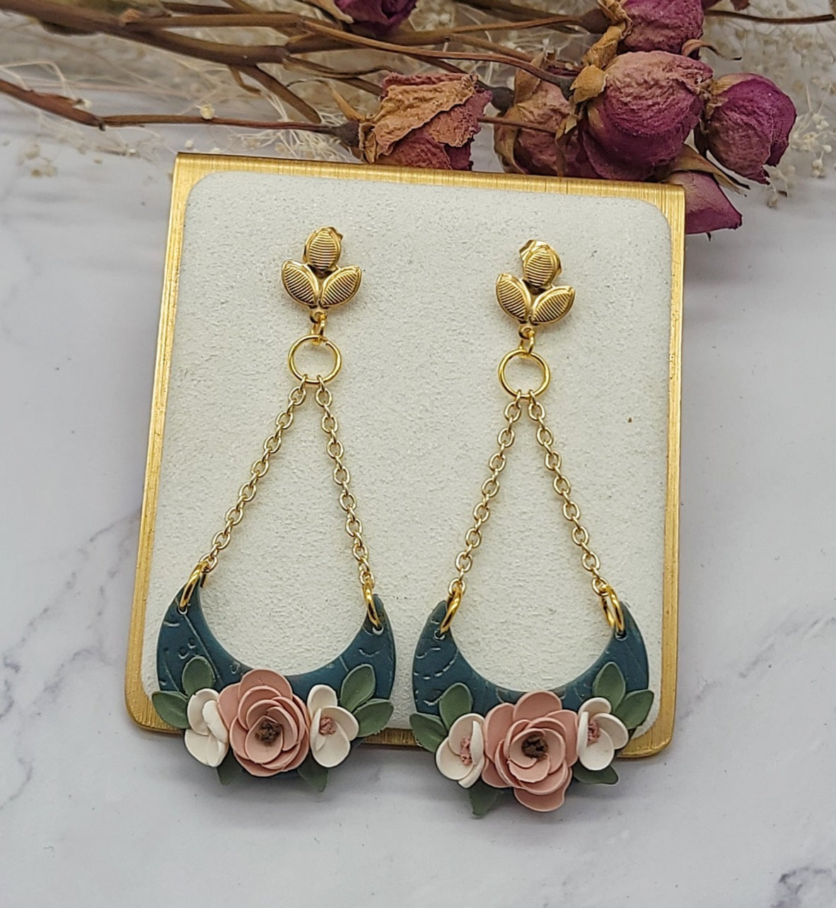Green Peach floral earrings - C