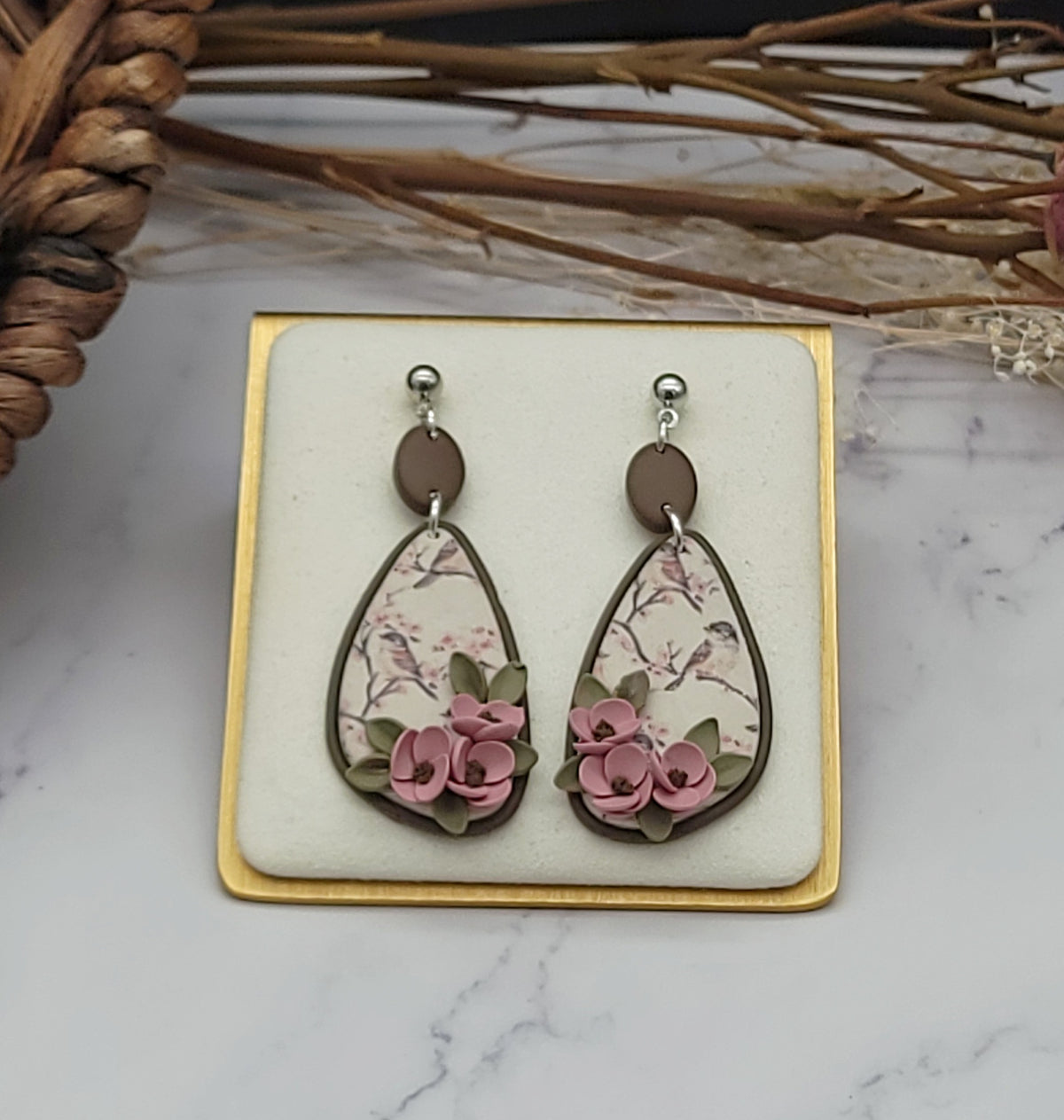 Tiny Bird floral earrings-E
