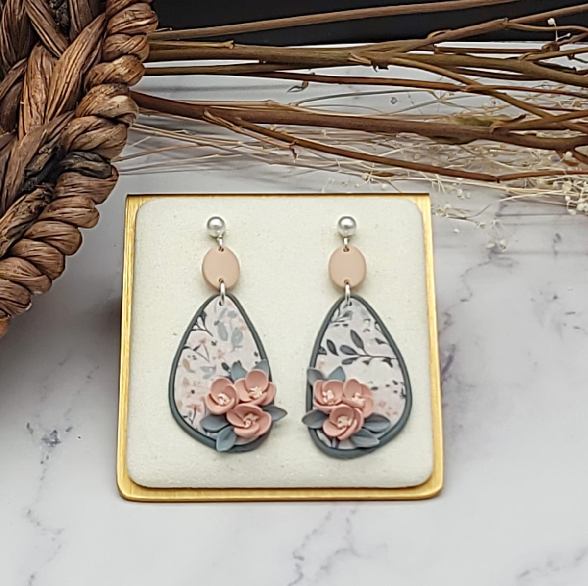 Peach floral earrings-A