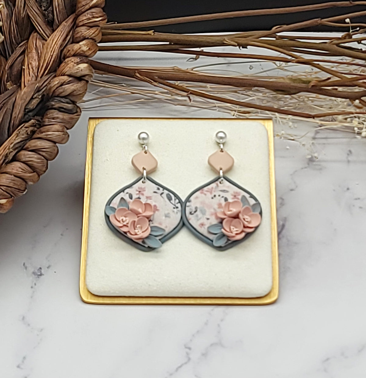 Peach floral earrings-C