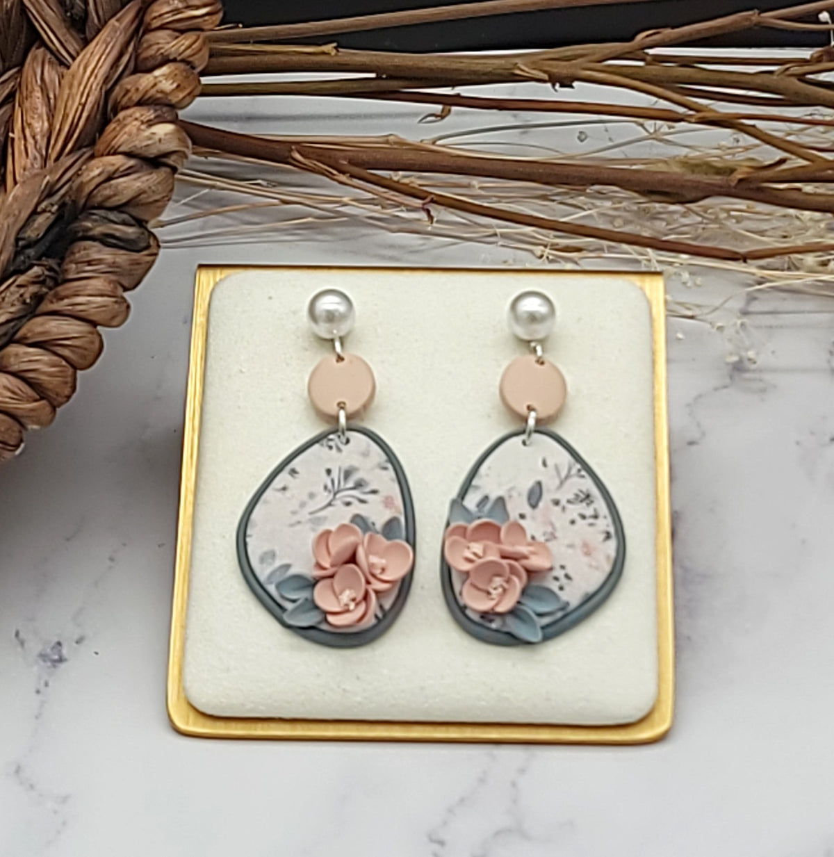 Peach floral earrings-D