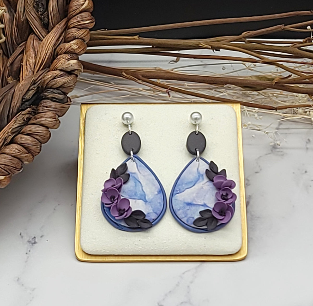 Purple floral earrings-E
