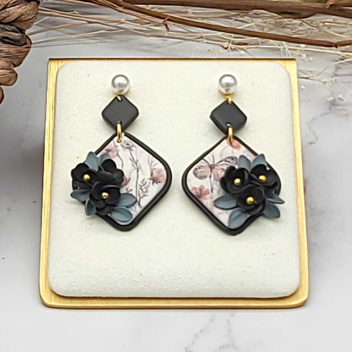 Black floral earrings-C