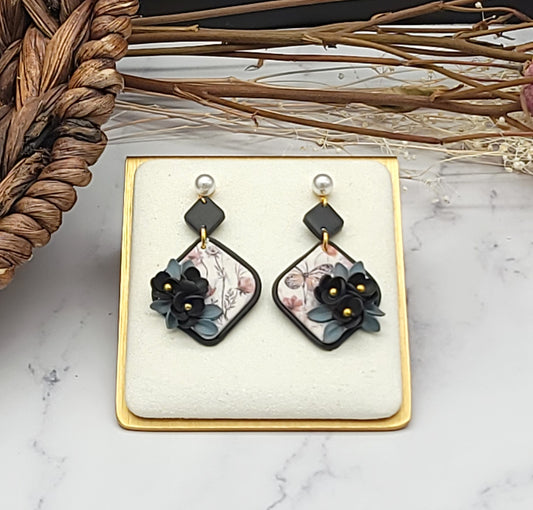 Black floral earrings-C