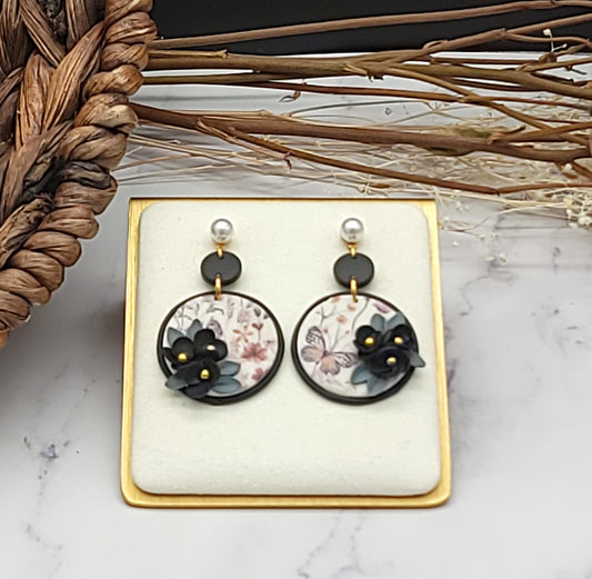 Black floral earrings-E