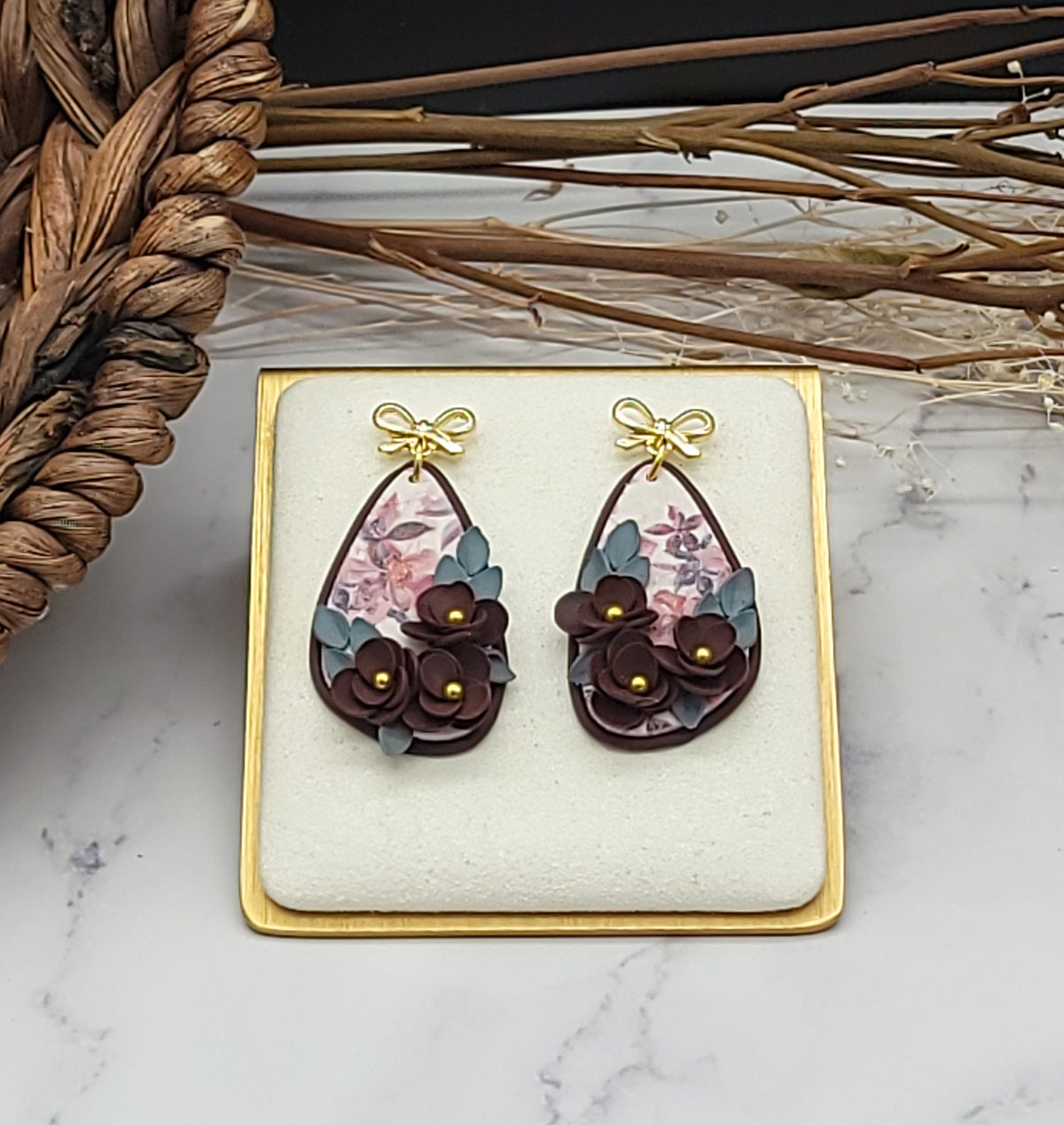 Burgundy floral earrings-A