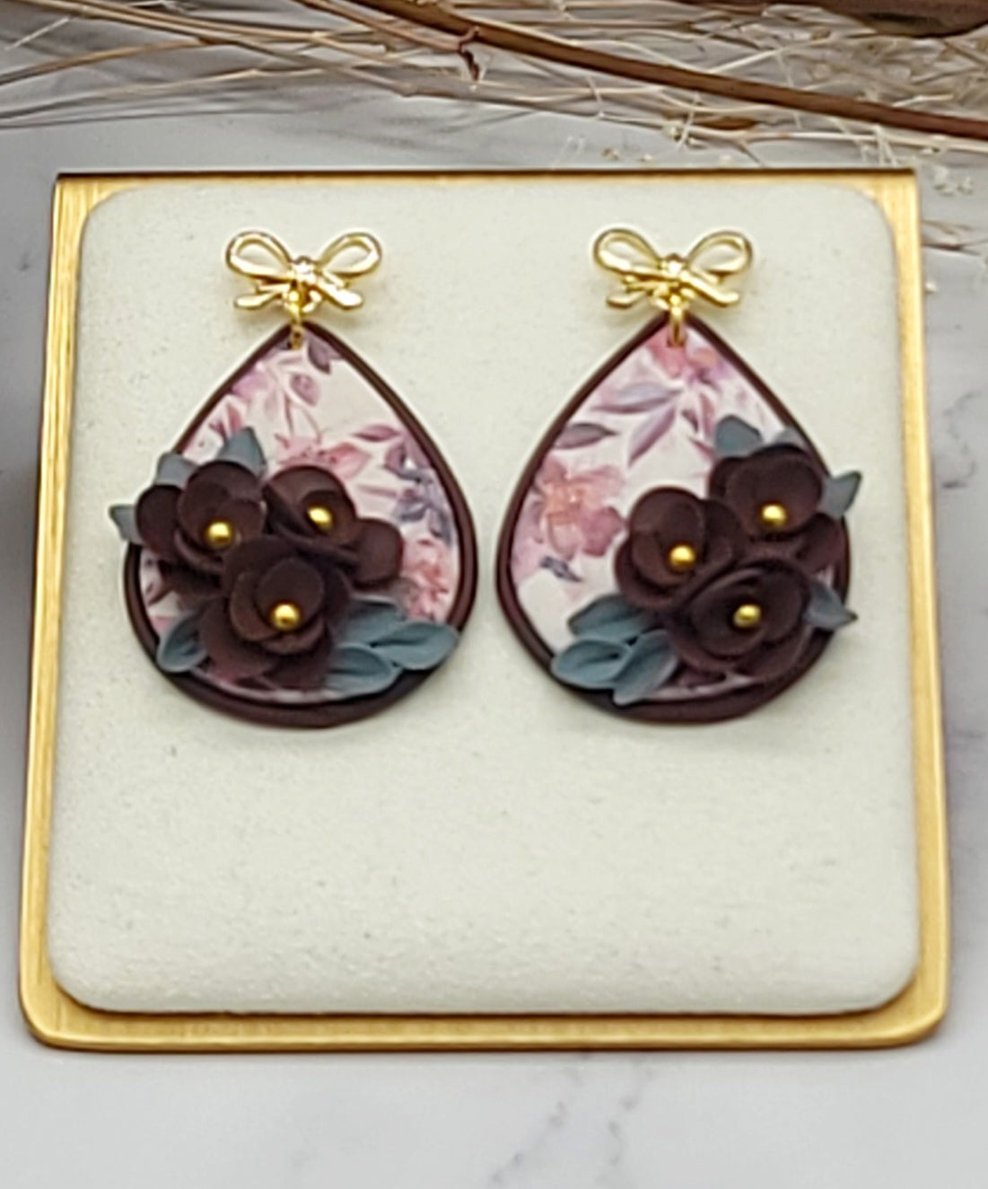 Burgundy floral earrings-C