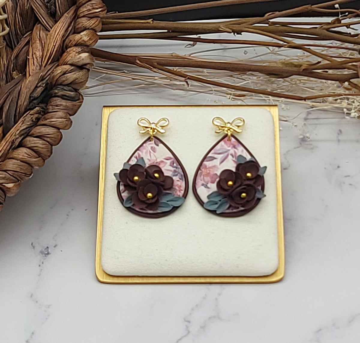 Burgundy floral earrings-C