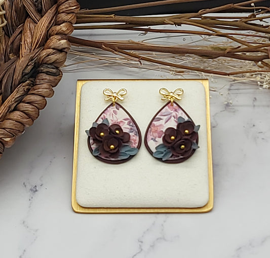 Burgundy floral earrings-C
