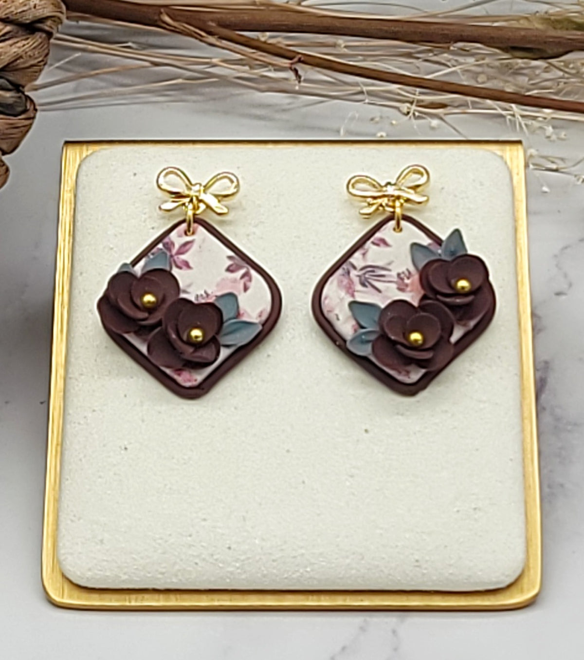Burgundy floral earrings-D