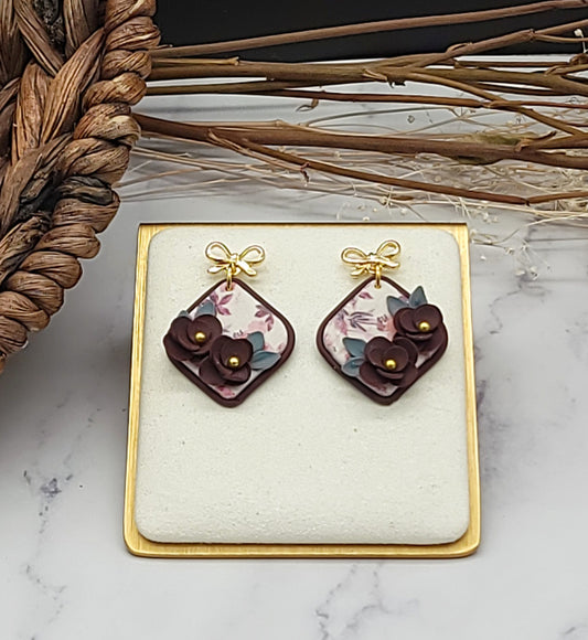 Burgundy floral earrings-D