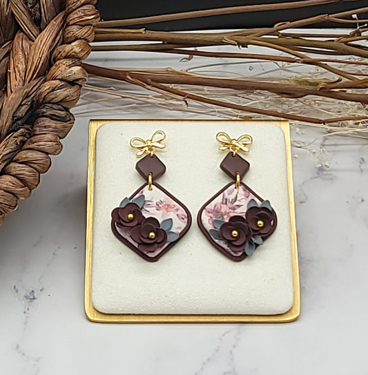 Burgundy floral earrings-E