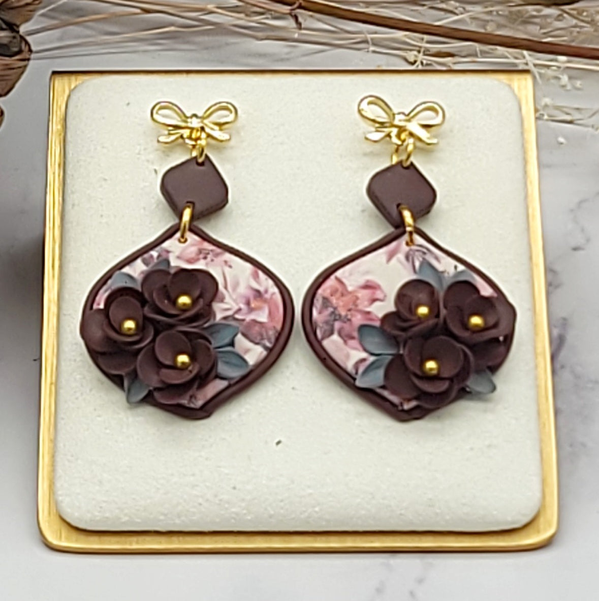 Burgundy floral earrings-F