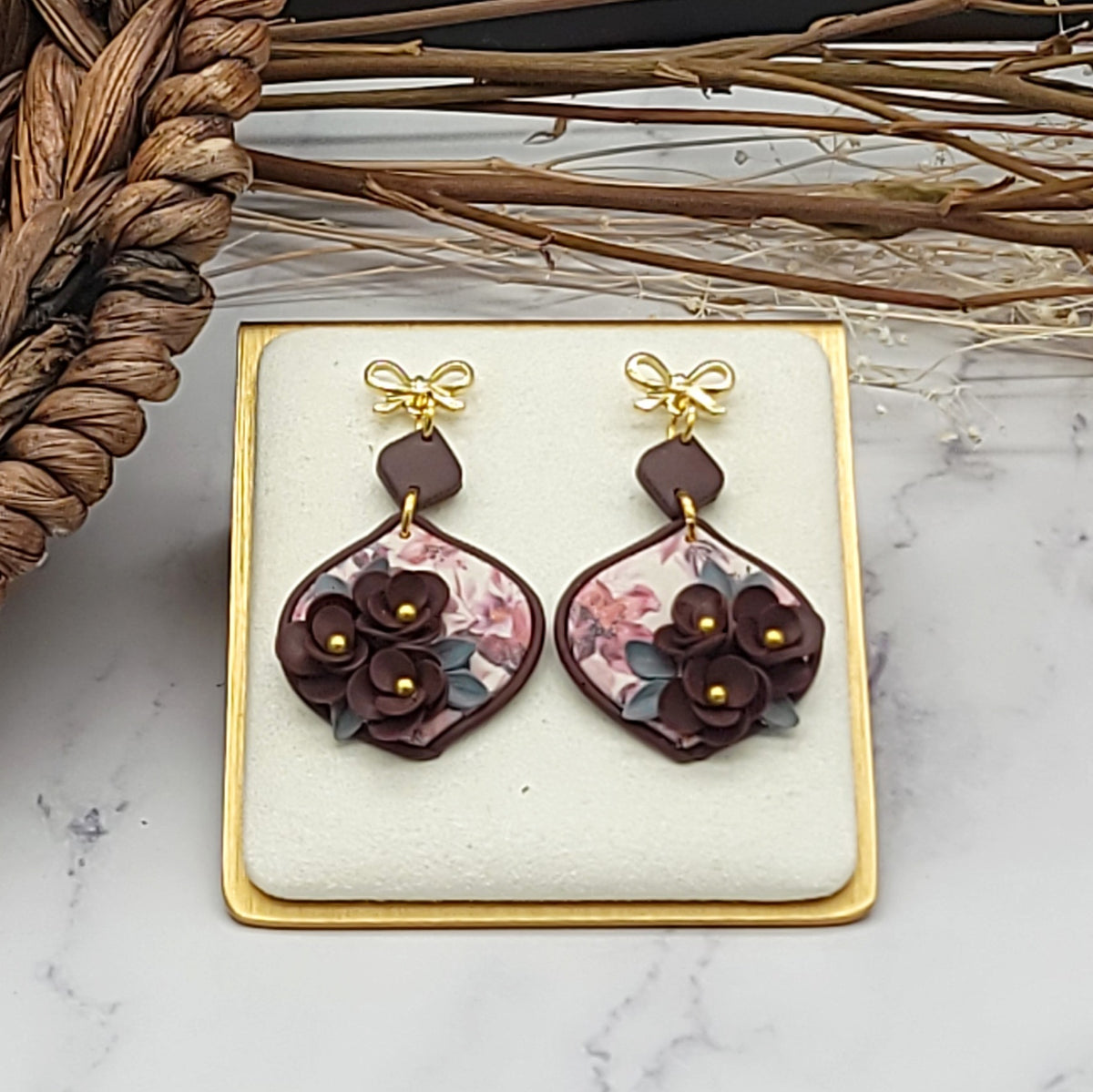 Burgundy floral earrings-F