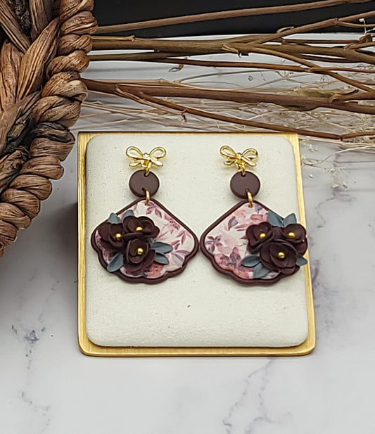 Burgundy floral earrings-G