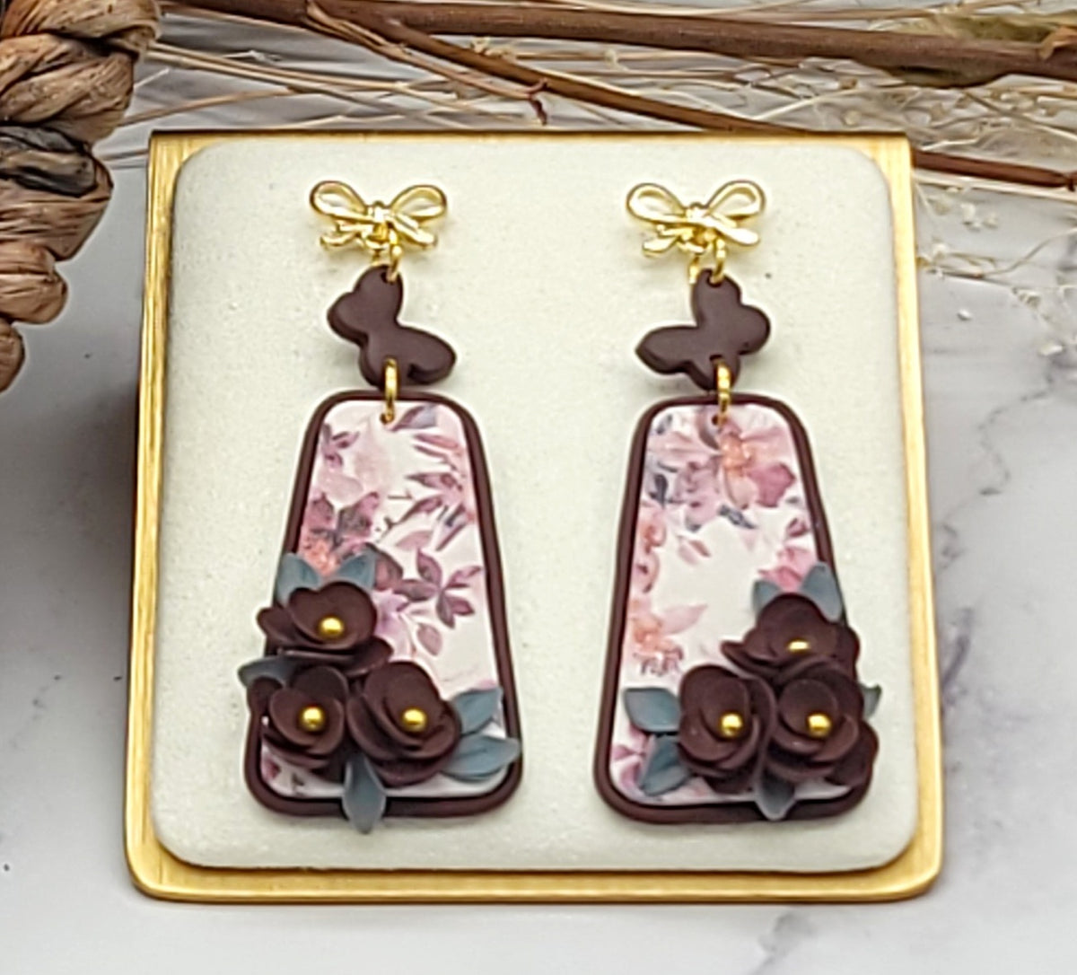 Burgundy floral earrings-H