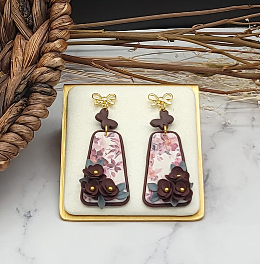 Burgundy floral earrings-H
